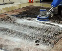 Professional rug cleaning with a rotary floor machine and shampoo foam, deep-cleaning an area rug, in Charlotte, NC.